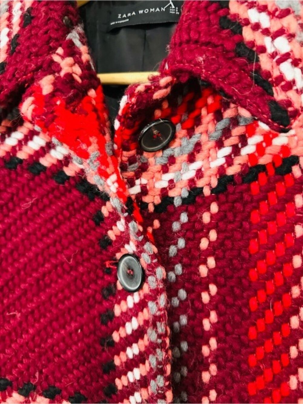Zara Woman Red Burgundy Plaid Tweed Coat S Preppy Dark Academia - Picture 6 of 10
